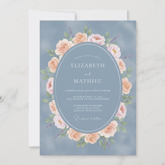 Convite Casamento Romance Floral Azul Ardósia (Frente)