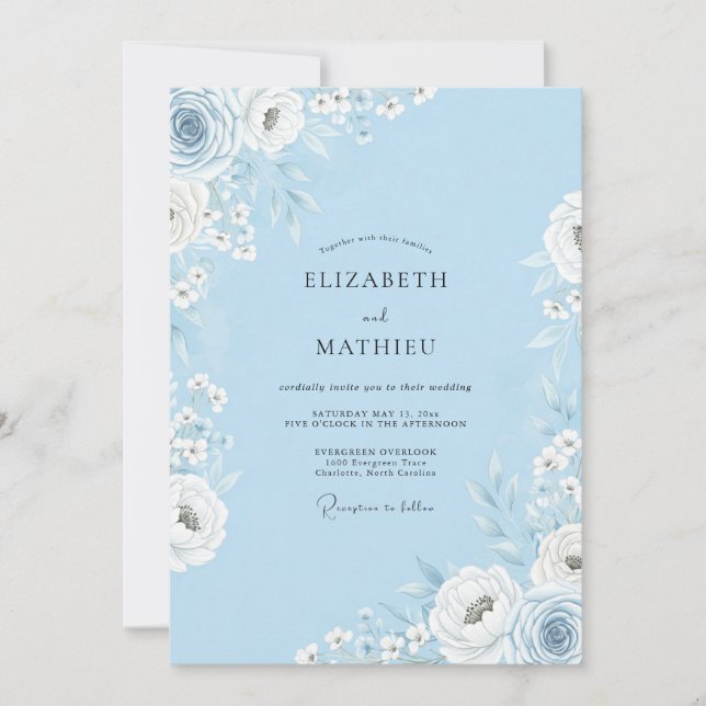 Convite Casamento Romance Floral Azul Céu (Frente)