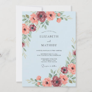 Convite Casamento Romance Floral Azul Claro