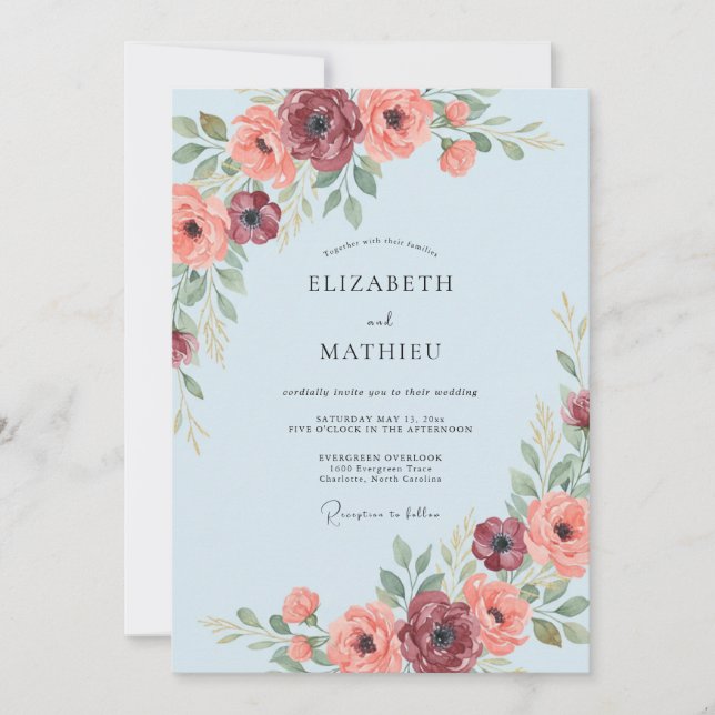 Convite Casamento Romance Floral Azul Claro (Frente)