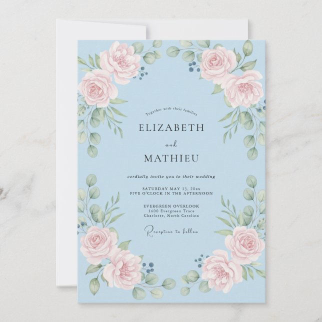 Convite Casamento Romance Floral Azul Claro (Frente)