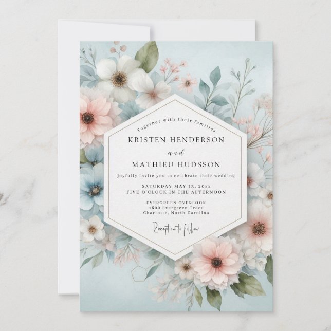 Convite Casamento Romance Floral Azul Claro (Frente)