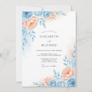 Convite Casamento Romance Floral Azul Coral