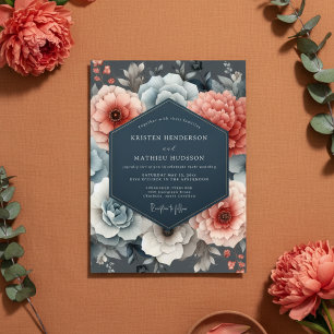 Convite Casamento Romance Floral Azul Coral