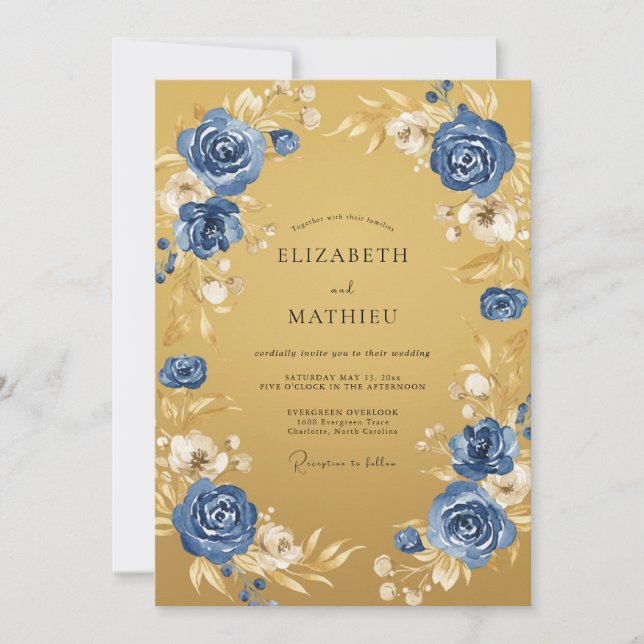 Convite Casamento Romance Floral Azul Dourado (Frente)