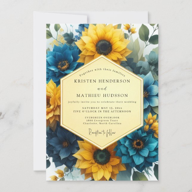 Convite Casamento Romance Floral Azul Dourado (Frente)