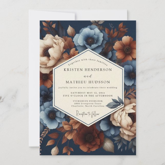 Convite Casamento Romance Floral Azul Marinho (Frente)