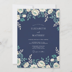 Convite Casamento Romance Floral Azul-Marinho