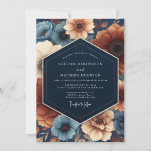 Convite Casamento Romance Floral Azul Marinho de Outono