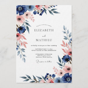 Convite Casamento Romance Floral Azul Marinho e Bege