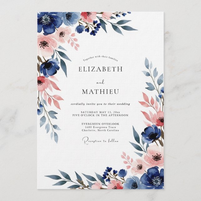 Convite Casamento Romance Floral Azul Marinho e Bege (Frente)
