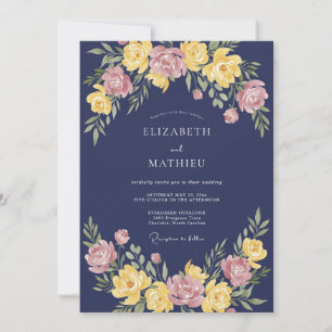 Convite Casamento Romance Floral Azul Marinho Vibrante