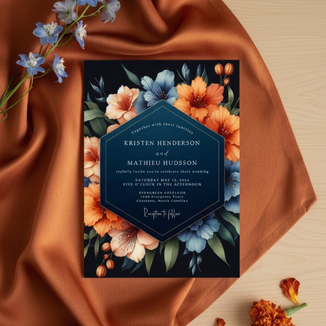 Convite Casamento Romance Floral Azul Naval de Outono (Criador carregado)