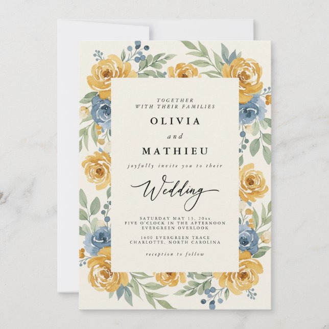 Convite Casamento Romance Floral Azul Ócre (Frente)