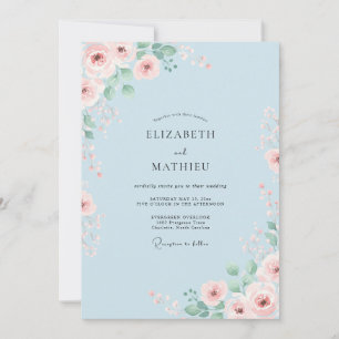 Convite Casamento Romance Floral Azul Pó
