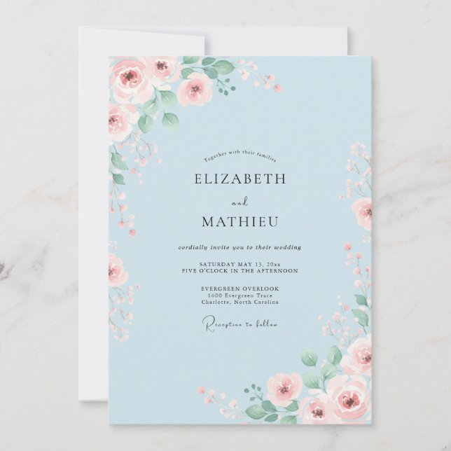 Convite Casamento Romance Floral Azul Pó (Frente)