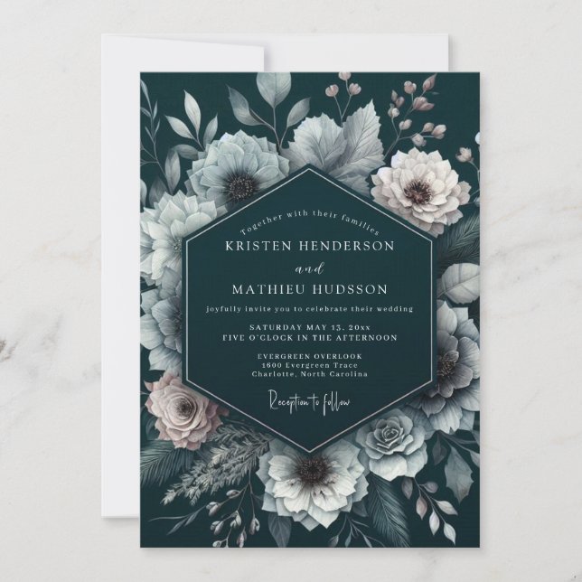 Convite Casamento Romance Floral Azul Profundo (Frente)