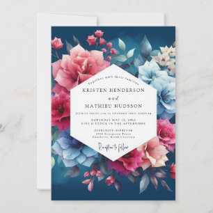 Convite Casamento Romance Floral Azul Profundo
