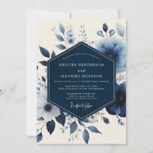 Convite Casamento Romance Floral Azul Profundo