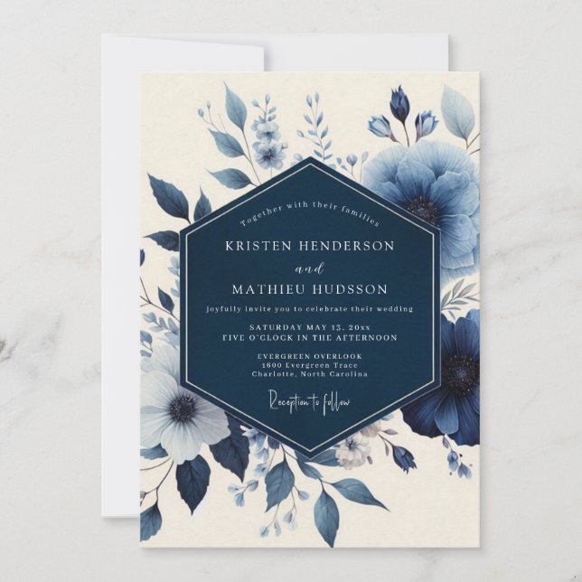 Convite Casamento Romance Floral Azul Profundo (Frente)