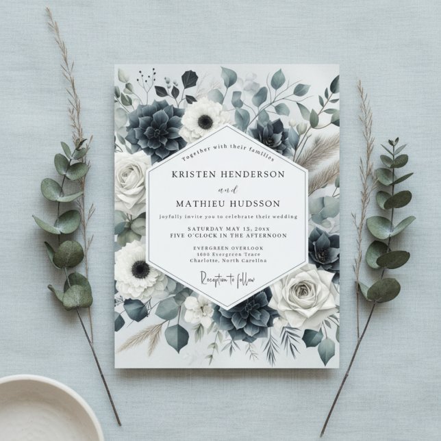 Convite Casamento Romance Floral Azul Profundo (Criador carregado)