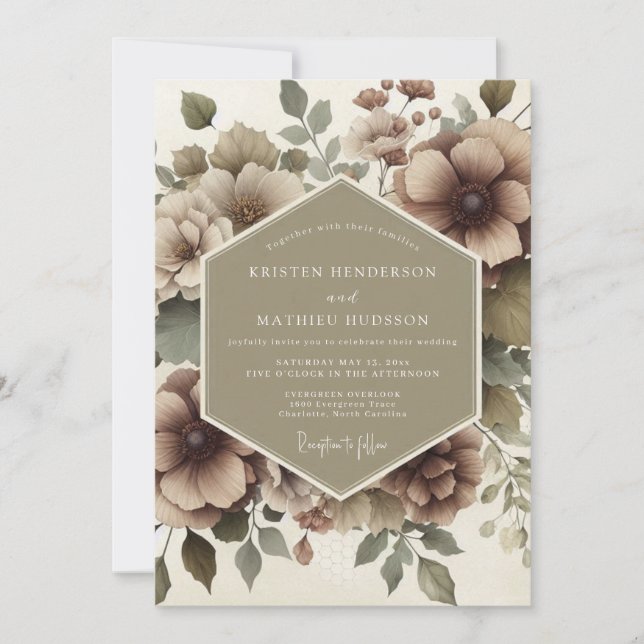 Convite Casamento Romance Floral Bege (Frente)