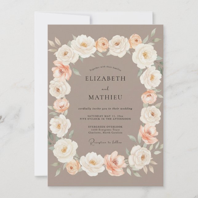 Convite Casamento Romance Floral Bege (Frente)