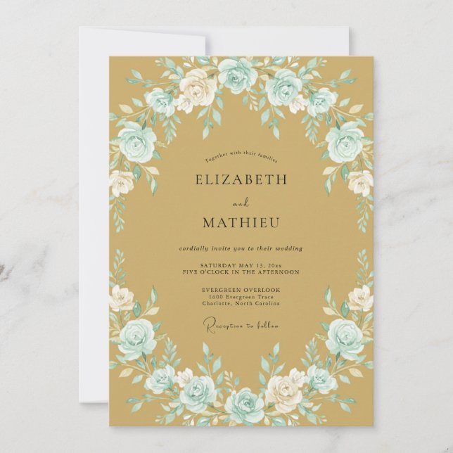 Convite Casamento Romance Floral Beijo Azul (Frente)