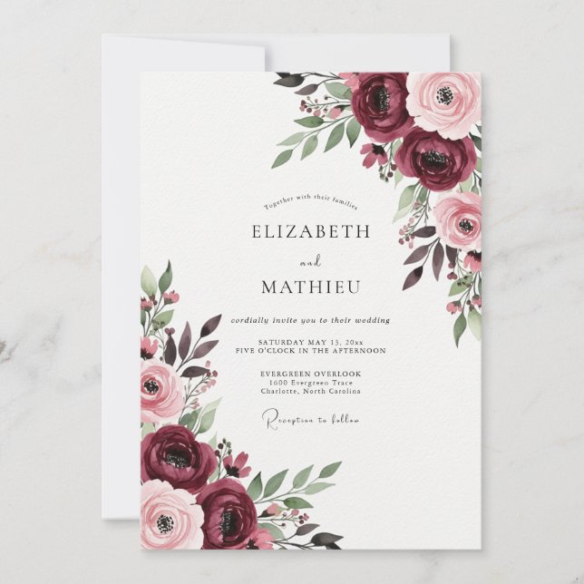Convite Casamento Romance Floral Borgonha (Frente)