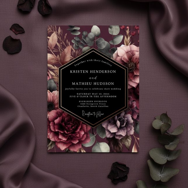 Convite Casamento Romance Floral Borgonha (Criador carregado)