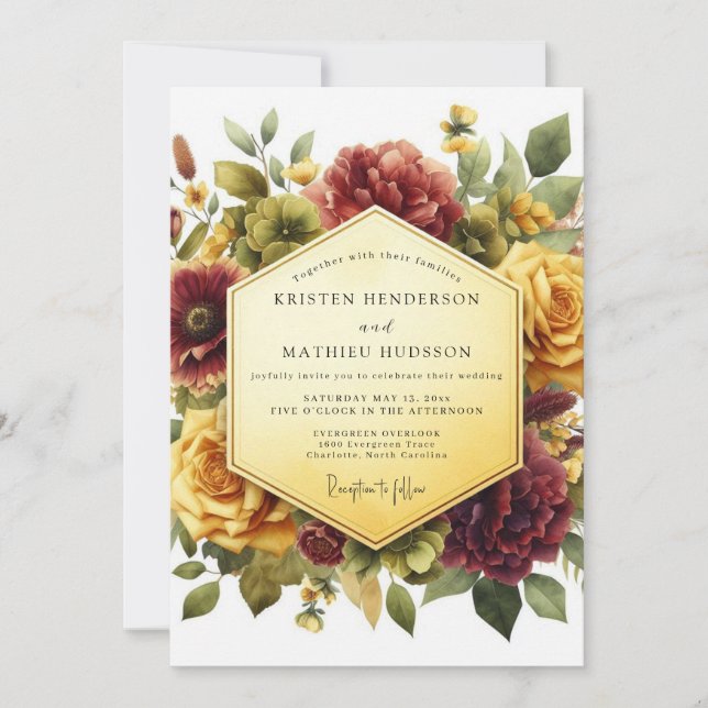 Convite Casamento Romance Floral Borgonha (Frente)