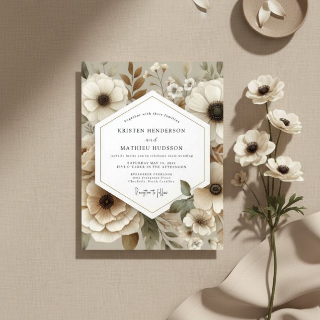 Convite Casamento Romance Floral Botânico Creme (Criador carregado)