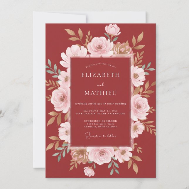 Convite Casamento Romance Floral Burgundy Florescente (Frente)