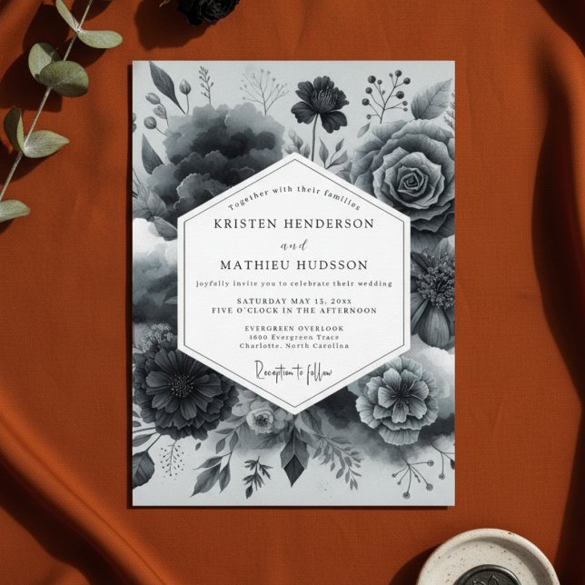 Convite Casamento Romance Floral Carvão (Criador carregado)