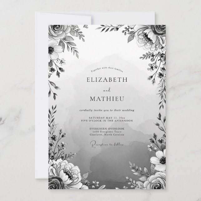 Convite Casamento Romance Floral Cinza (Frente)