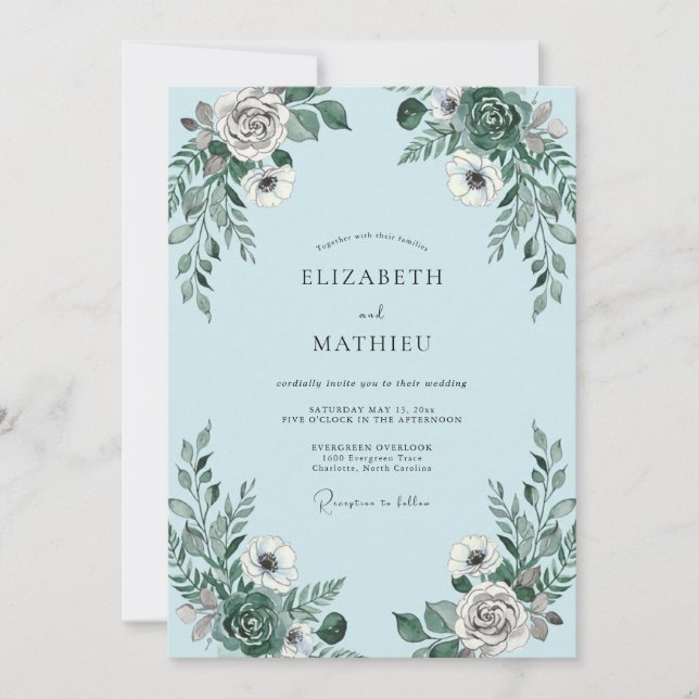 Convite Casamento Romance Floral Cinza Azul (Frente)