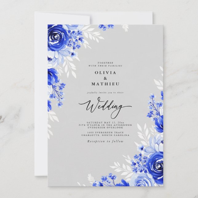 Convite Casamento Romance Floral Cobalto (Frente)