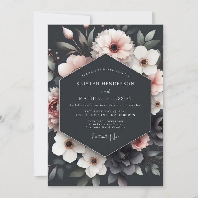 Convite Casamento Romance Floral com Beijo de Carvão (Frente)