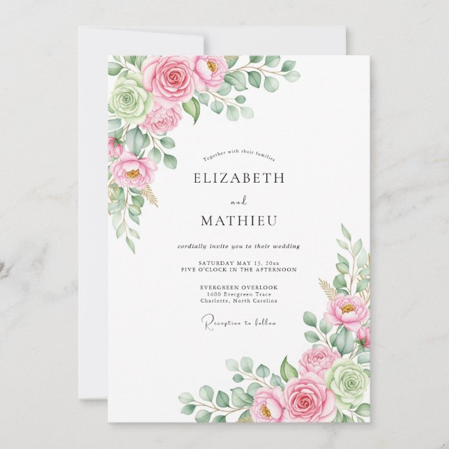 Convite Casamento Romance Floral com Rubor Rosa (Frente)