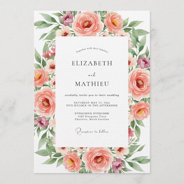 Convite Casamento Romance Floral Coral (Frente)
