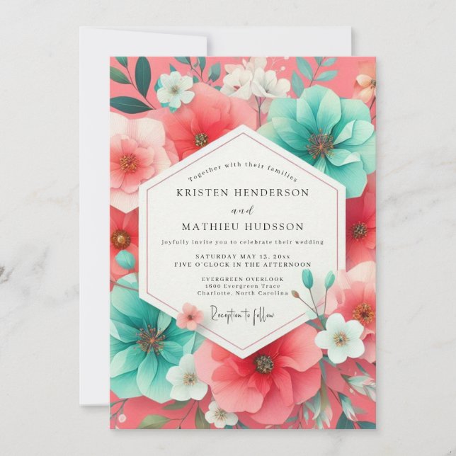 Convite Casamento Romance Floral Coral (Frente)