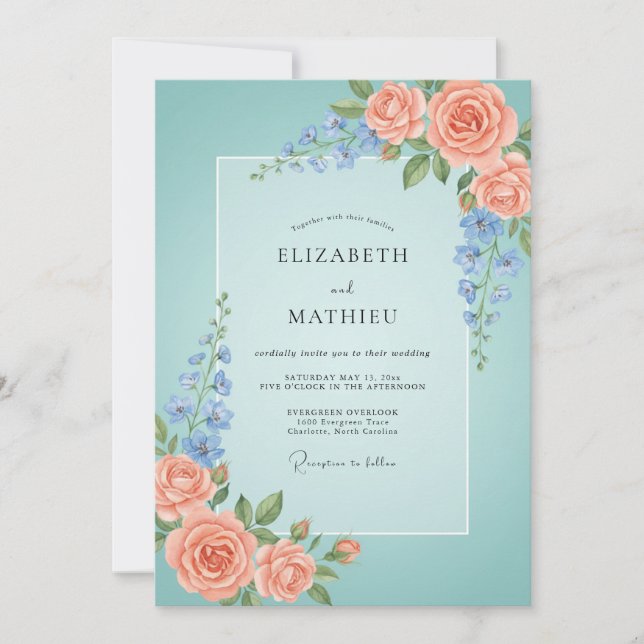Convite Casamento Romance Floral Coral Aqua (Frente)