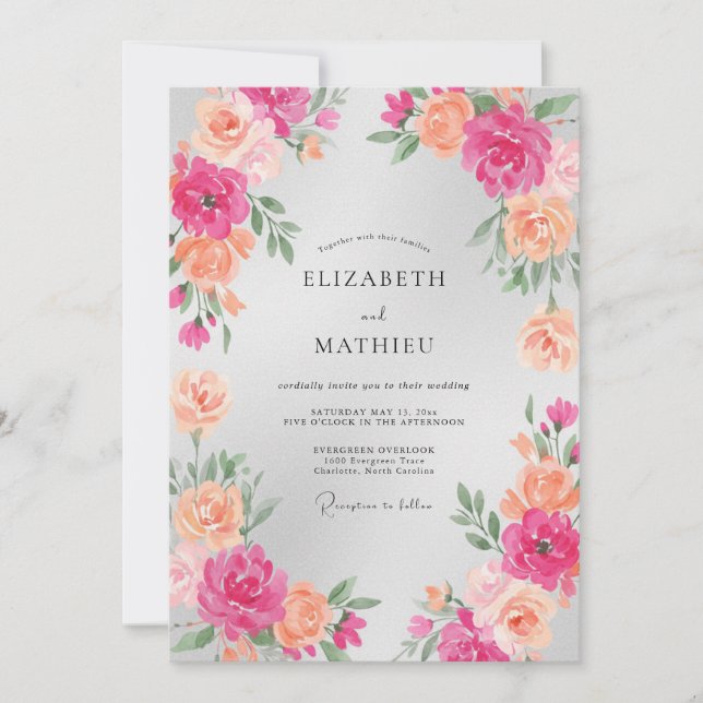Convite Casamento Romance Floral Coral Rosa (Frente)
