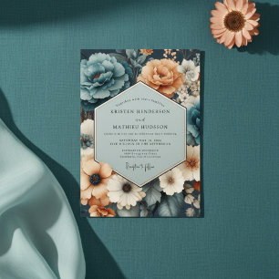 Convite Casamento Romance Floral Coral Teal