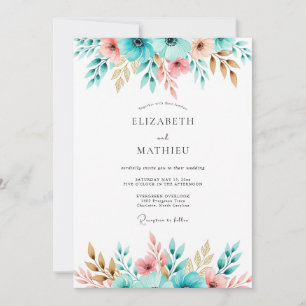 Convite Casamento Romance Floral Coral Turquesa