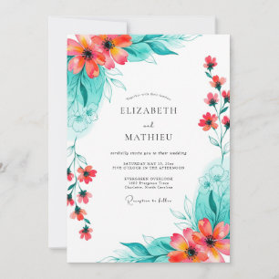 Convite Casamento Romance Floral Coral Turquesa