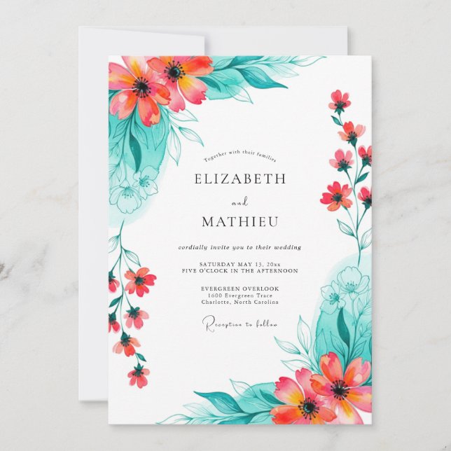 Convite Casamento Romance Floral Coral Turquesa (Frente)