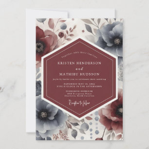 Convite Casamento Romance Floral de Borgonha à Meia-Noite