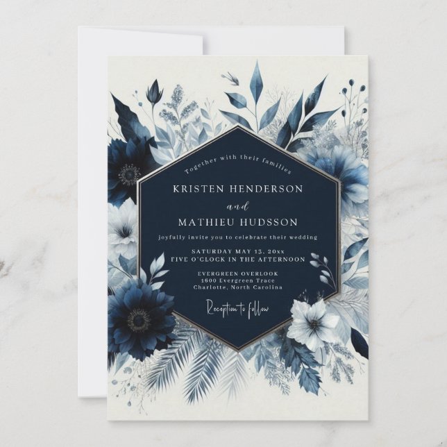 Convite Casamento Romance Floral de Inverno Marinho (Frente)