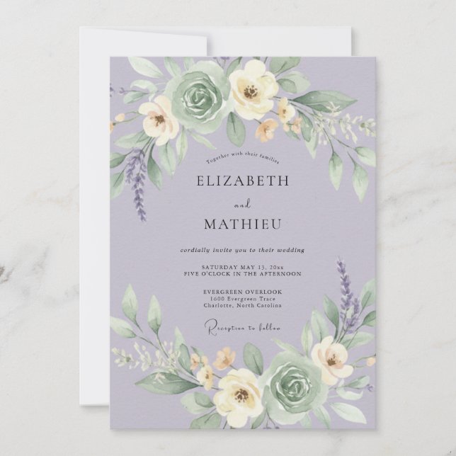 Convite Casamento Romance Floral Delicado Lavanda (Frente)